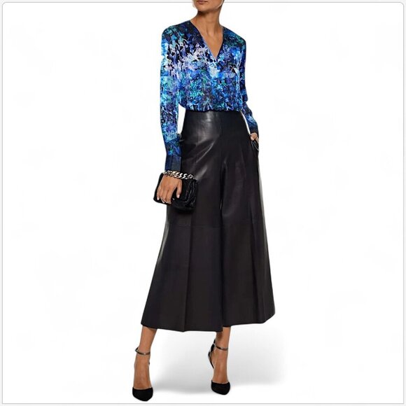 Elie Tahari Lydia Leather Trimmed Floral Snap Front Silk Blue Top Blouse XS - Picture 2 of 7